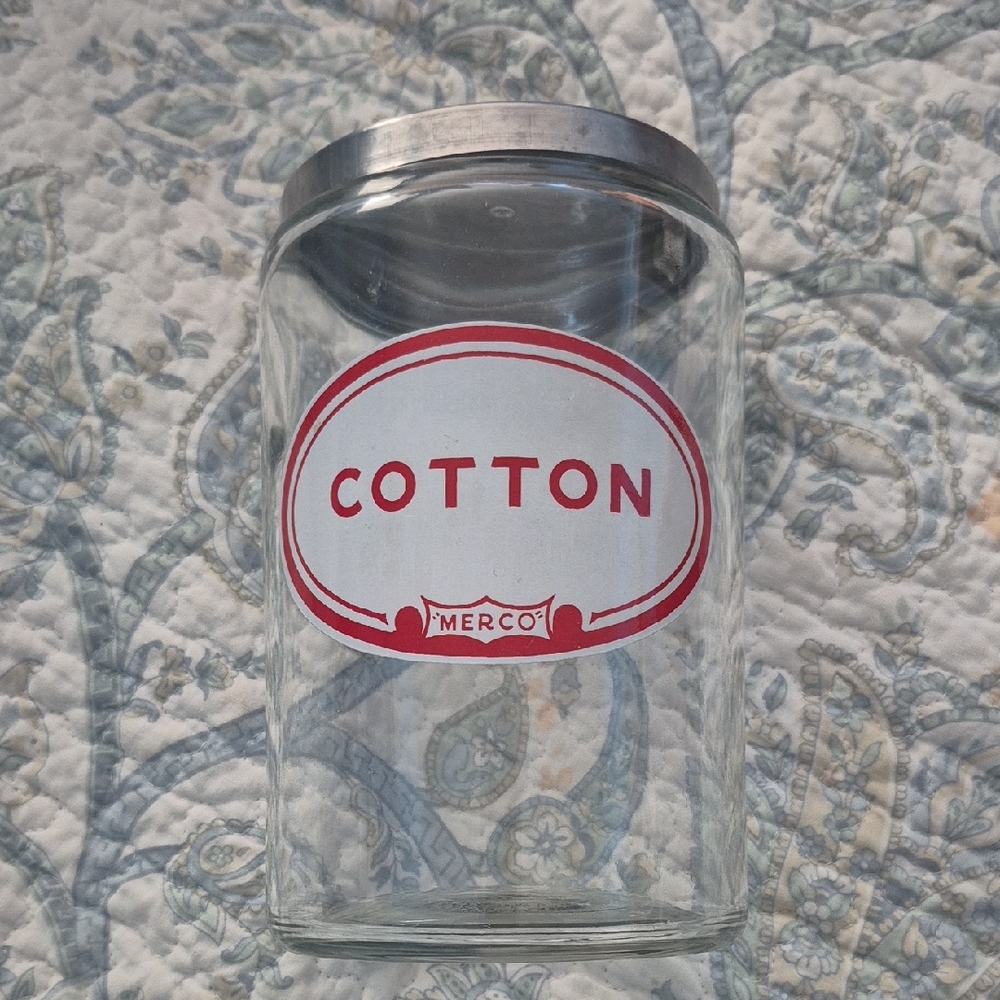 Vintage Cotton Glass Dispensor Metal Lid, From Physicians Office, 7 Inches Tall